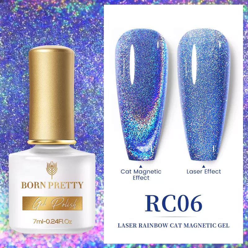 NSI Australia Born Pretty Reflective Cat Eye Gel Polish RC06 – Laser Rainbow Cat Magnetic Gel, blue holographic glitter, 7ml bottle with cat-eye and laser swatches