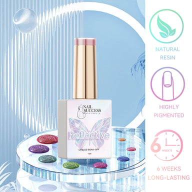 LED soak-off gel polish bottle with glitter finish, natural resin, highly pigmented, 6-week wear