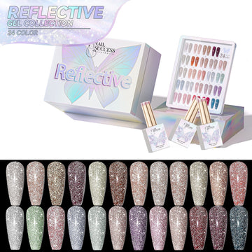 Nail Success Australia Reflective Gel Collection 24-colour set with gift box, gel bottles and reflective glitter shade chart