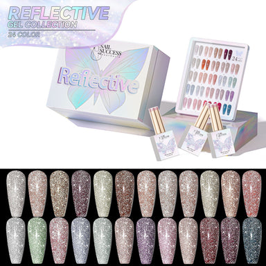 Nail Success Australia Reflective Gel Collection 24-colour set with gift box, gel bottles and reflective glitter shade chart