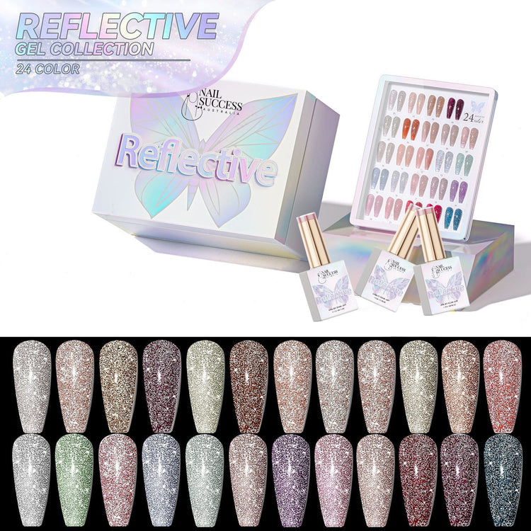Nail Success Australia Reflective Gel Collection 24-colour set with gift box, gel bottles and reflective glitter shade chart