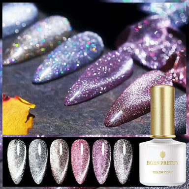 Born Pretty reflective glitter cat eye magnetic gel polish with sparkling shimmer nail swatches in silver, blue, rose, pink, purple and black shades