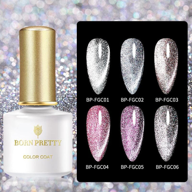Born Pretty reflective glitter cat eye magnetic gel polish range with six sparkling colour options, shown with silver, blue, rose, pink, purple and black shimmer nail tips