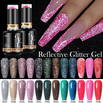 Born Pretty reflective glitter gel polish collection T037–T048 – 15ml UV/LED soak-off sparkle gel with pink glitter manicure and colour swatches.