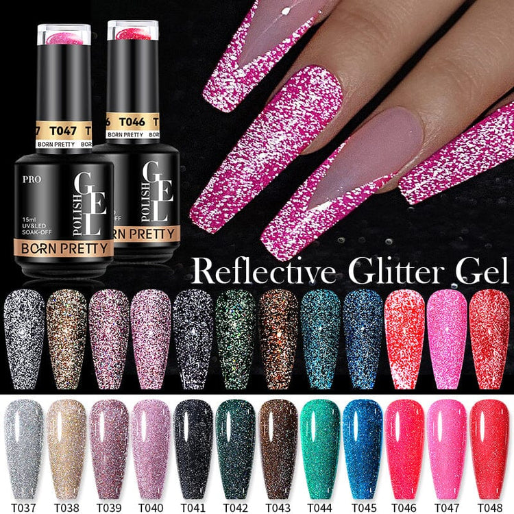 LED soak-off sparkle gel with pink glitter manicure and colour swatches.