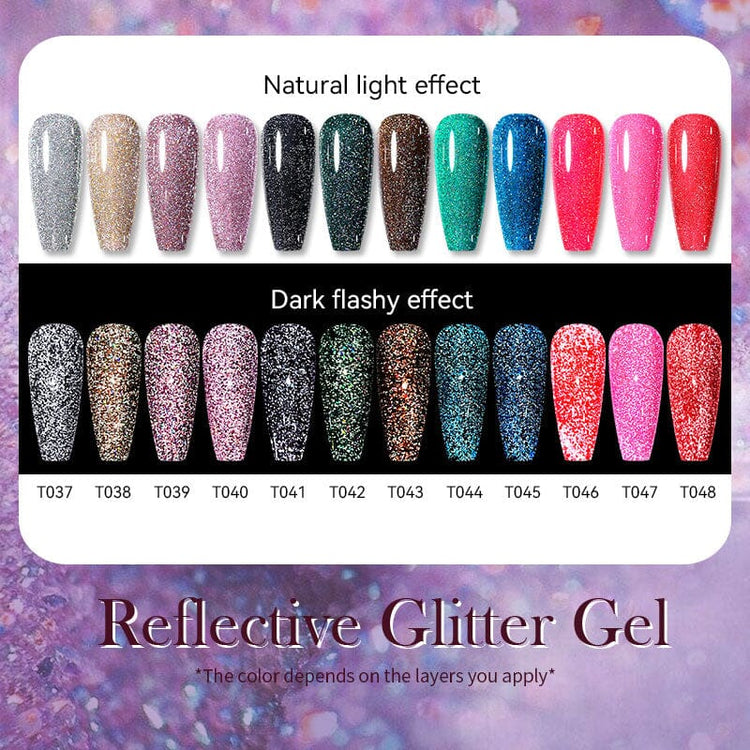 Reflective glitter gel polish colour chart T037–T048 – Born Pretty 15ml sparkly gel showing natural light and dark flashy nail effects.