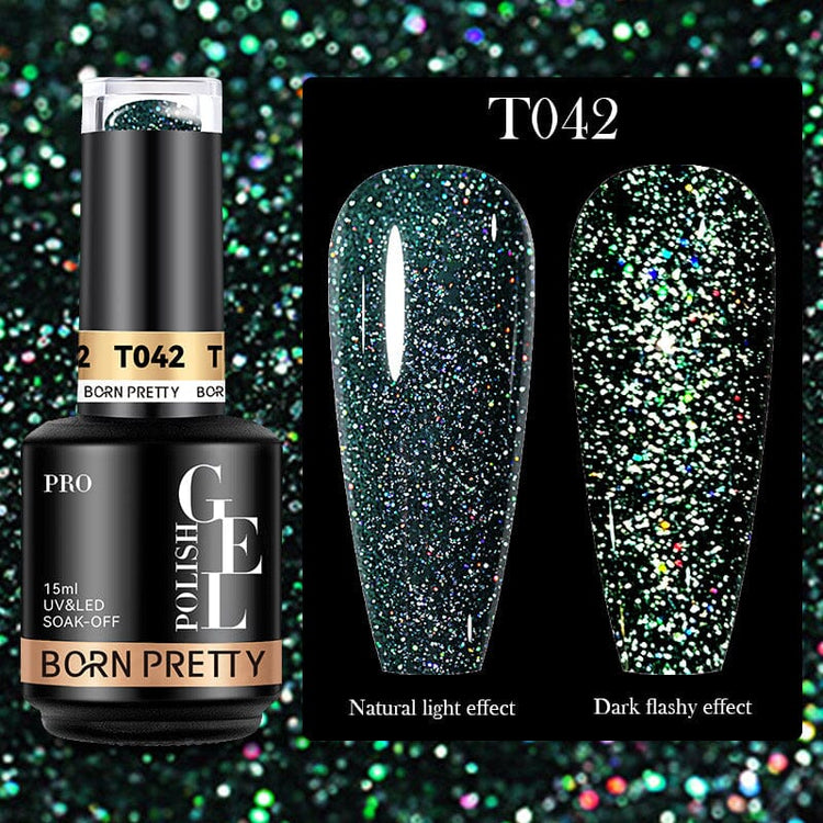 Born Pretty Reflective Glitter Gel Polish T042 15ml with green glitter swatches showing natural light and dark flashy effects, NSI Australia