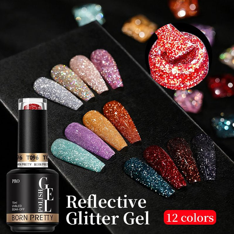 Born Pretty Reflective Glitter Gel Polish 15ml 12 colour collection with bottle, glitter swatches and red reflective gel close-up, NSI Australia