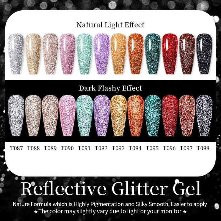 Born Pretty Reflective Glitter Gel Polish 15ml colour chart showing natural light and dark flashy effects, shades T087 to T098, NSI Australia