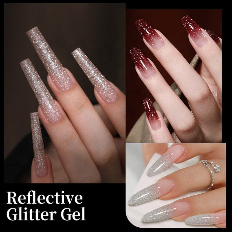 Born Pretty Reflective Glitter Gel Polish shown on long ombre glitter nails in silver, nude and burgundy styles, NSI Australia