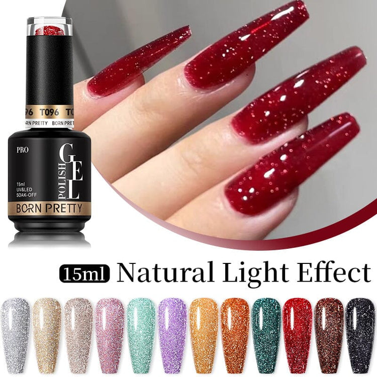 Born Pretty Reflective Glitter Gel Polish 15ml natural light effect with red glitter nails and colour swatches, NSI Australia