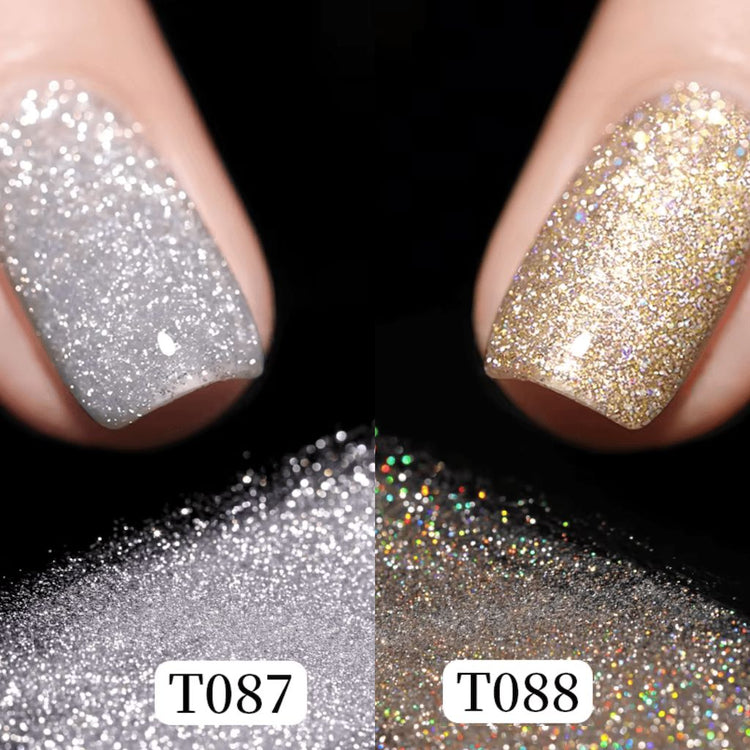 Born Pretty Reflective Glitter Gel Polish duo pack T087 silver and T088 gold with glitter nail swatches, NSI Australia