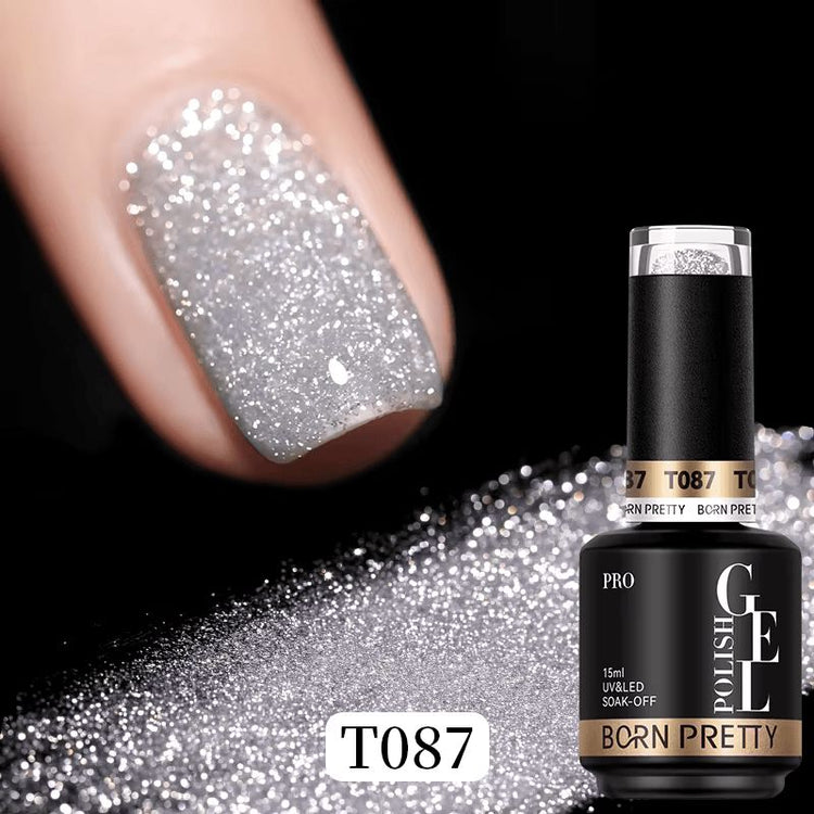 Born Pretty Reflective Glitter Gel Polish T087 15ml with silver glitter nail swatch and bottle, NSI Australia