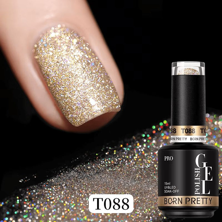 Born Pretty Reflective Glitter Gel Polish T088 15ml with champagne gold glitter nail swatch and bottle, NSI Australia