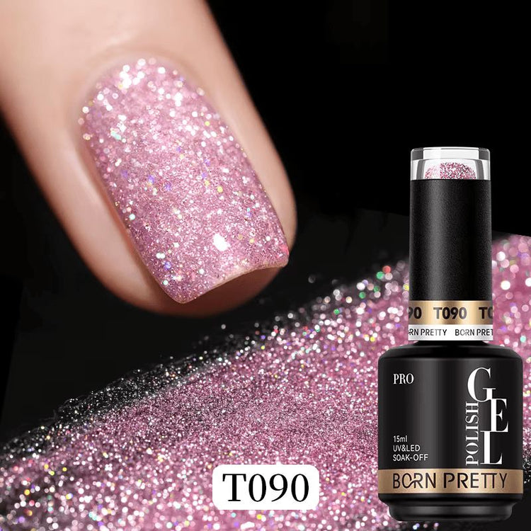 Born Pretty Reflective Glitter Gel Polish T090 15ml with pink glitter nail swatch and bottle, NSI Australia