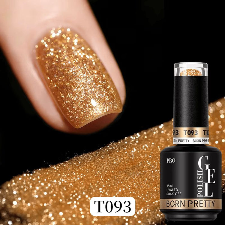 Born Pretty Reflective Glitter Gel Polish T093 15ml with gold glitter nail swatch and bottle, NSI Australia