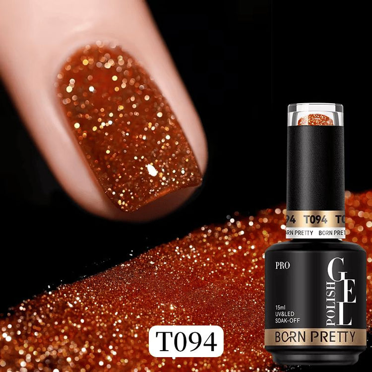 Born Pretty Reflective Glitter Gel Polish T094 15ml with copper orange glitter nail swatch and bottle, NSI Australia