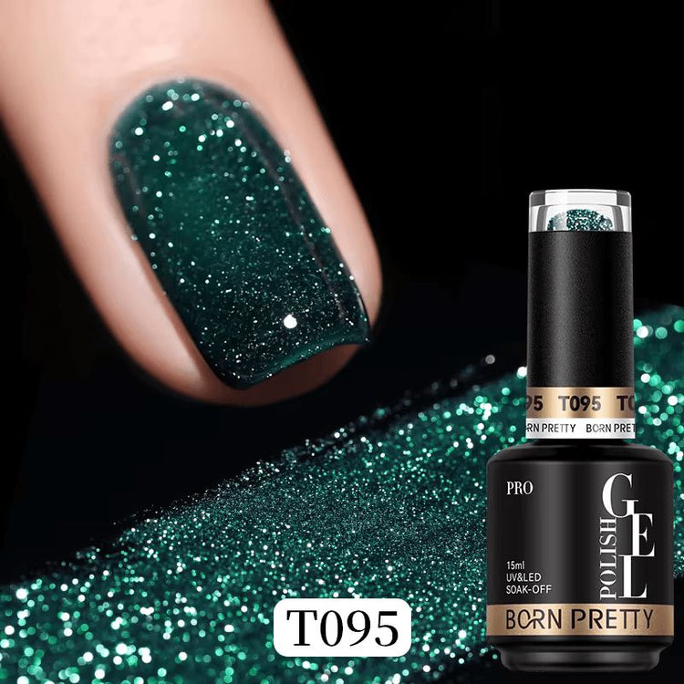Born Pretty Reflective Glitter Gel Polish T095 15ml with teal green glitter nail swatch and bottle, NSI Australia