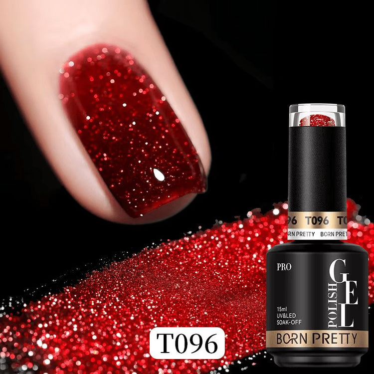 Born Pretty Reflective Glitter Gel Polish T096 15ml with red glitter nail swatch and bottle, NSI Australia