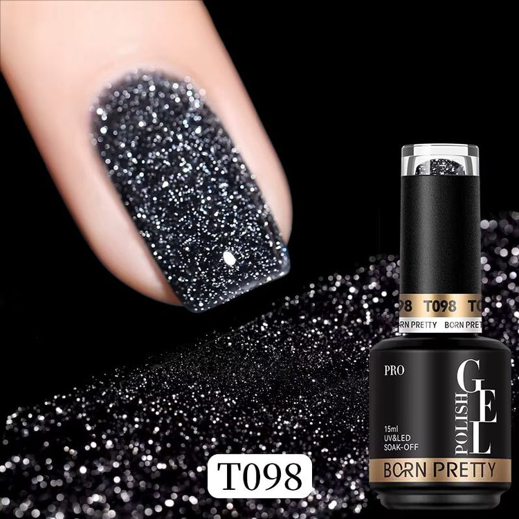 Born Pretty Reflective Glitter Gel Polish T098 15ml with black silver glitter nail swatch and bottle, NSI Australia
