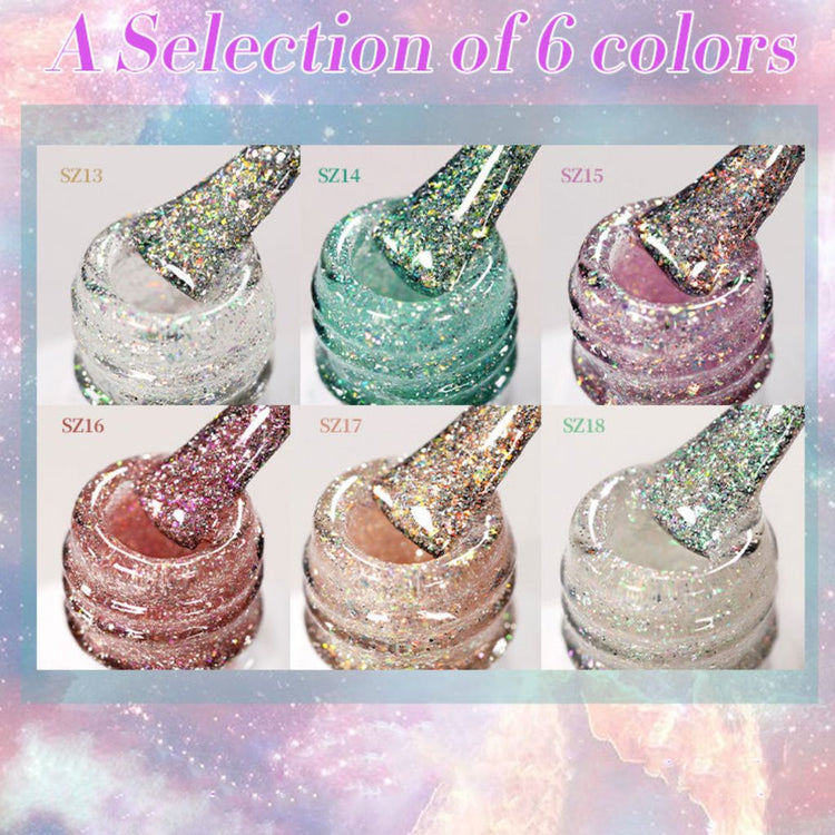 Born Pretty reflective glitter gel polish – 6 color selection swatches (SZ13–SZ18)