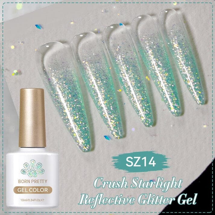 Born Pretty SZ14 Crush Starlight reflective glitter gel polish with teal green holographic nail swatches