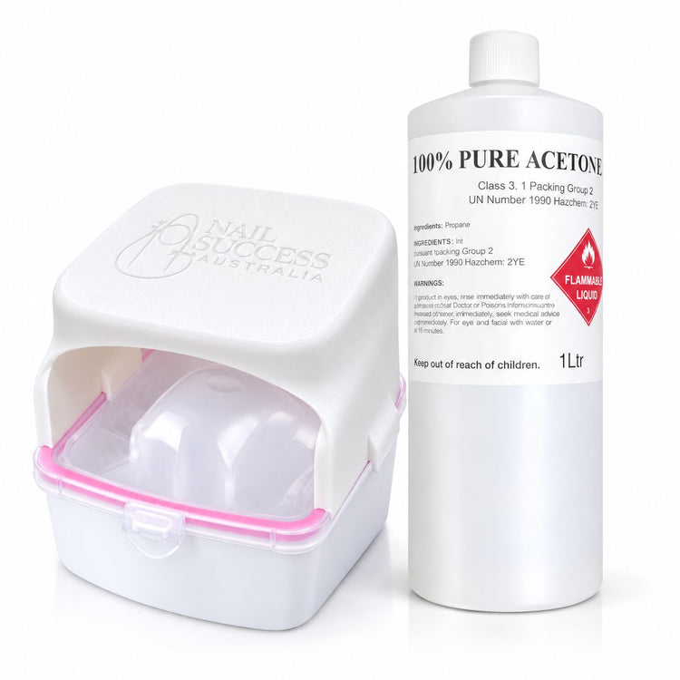 Nail Success Australia nail bath with white cover lid and pink rim, shown beside a 1 litre bottle of pure acetone.
