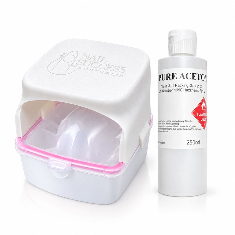 Nail Success Australia nail bath with white cover lid and pink rim, shown beside a 250 ml bottle of pure acetone.
