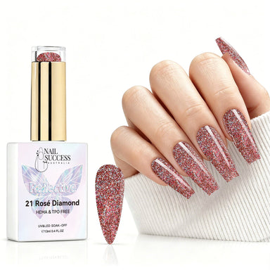 Rose Diamond reflective gel polish with rose pink glitter swatch and matching manicure for HEMA and TPO free salon nails