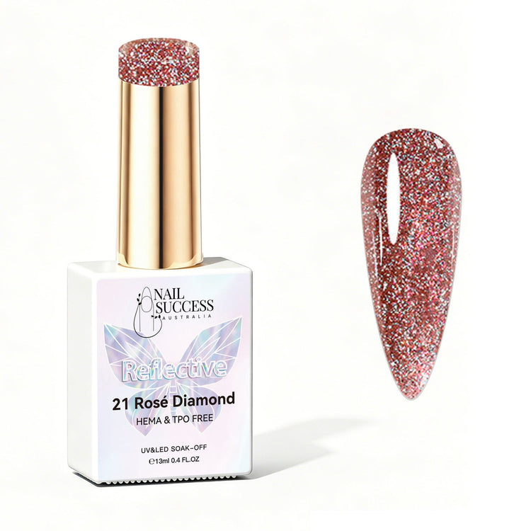Nail Success Australia Rosé Diamond reflective glitter gel polish bottle with glossy nail colour swatch