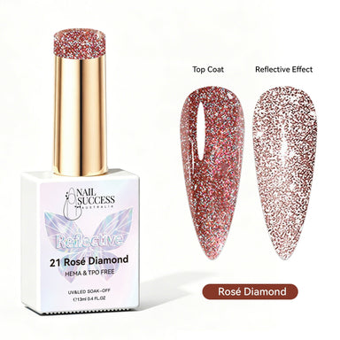 Nail Success Australia Rosé Diamond reflective glitter gel polish with top coat and reflective effect swatches