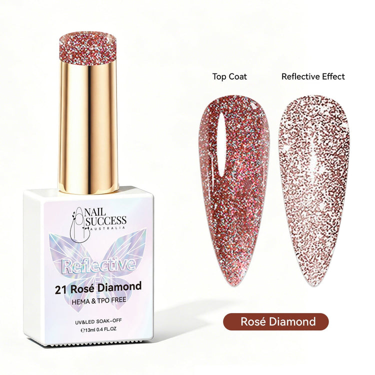 Nail Success Australia Rosé Diamond reflective glitter gel polish with top coat and reflective effect swatches