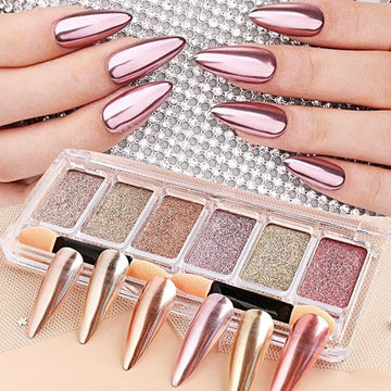 Rose gold holographic solid chrome pigment palette with six shades, swatched on almond nails and nail tips
