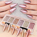 Rose gold holographic solid chrome pigment palette with six shades, swatched on almond nails and nail tips