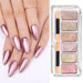 Hand with rose gold chrome stiletto nails beside the six shade solid chrome pigment palette