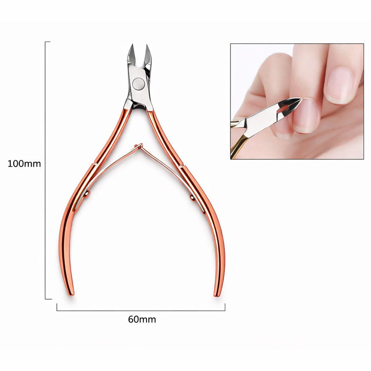 Rose gold cuticle nipper dimensions guide with 100mm height, 60mm width, and close-up cutting detail