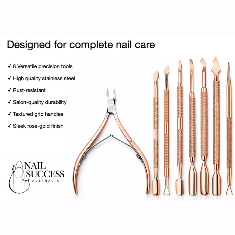 Nail Success Australia rose gold 8-piece manicure and cuticle tool set with stainless steel precision tools and cuticle nipper