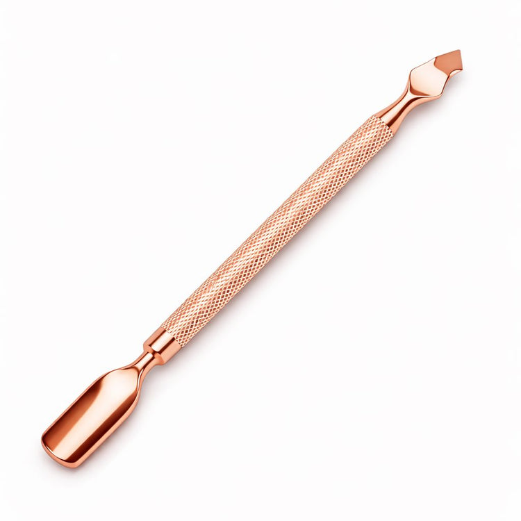 Rose gold double-ended cuticle pusher and angled precision scraper nail tool with textured grip handle