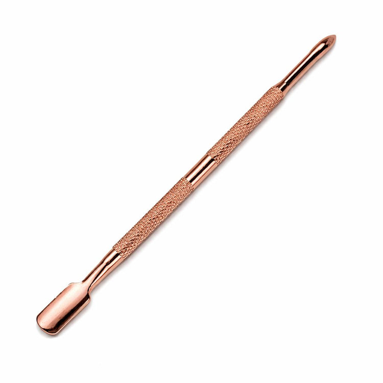 Rose gold double-ended cuticle pusher nail tool with wide flat scraper end, rounded detail tip and textured grip handle