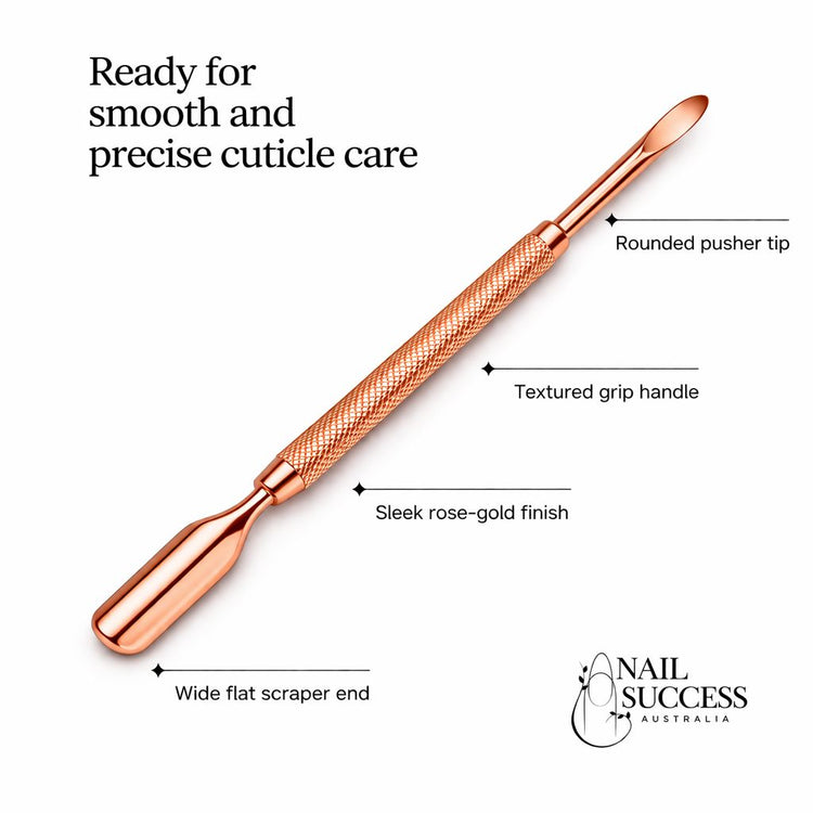 Nail Success Australia rose gold cuticle pusher tool with rounded pusher tip, textured grip handle and wide flat scraper end
