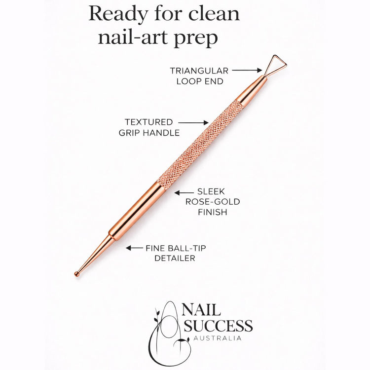 Nail Success Australia rose gold nail art detail tool with fine ball tip, triangular loop end and textured grip handle