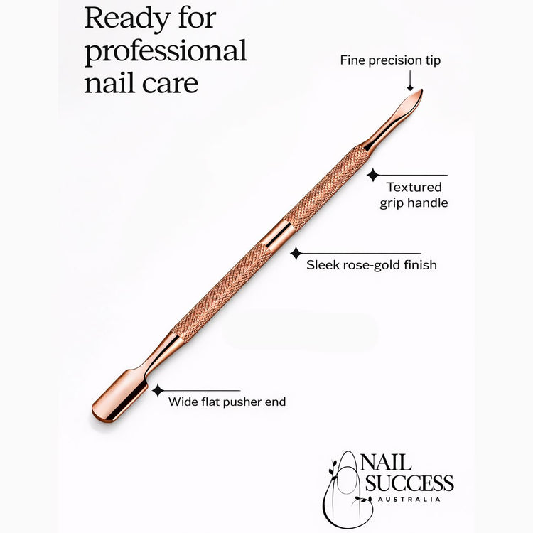 Nail Success Australia rose gold cuticle pusher tool with fine precision tip, textured grip handle and wide flat pusher end