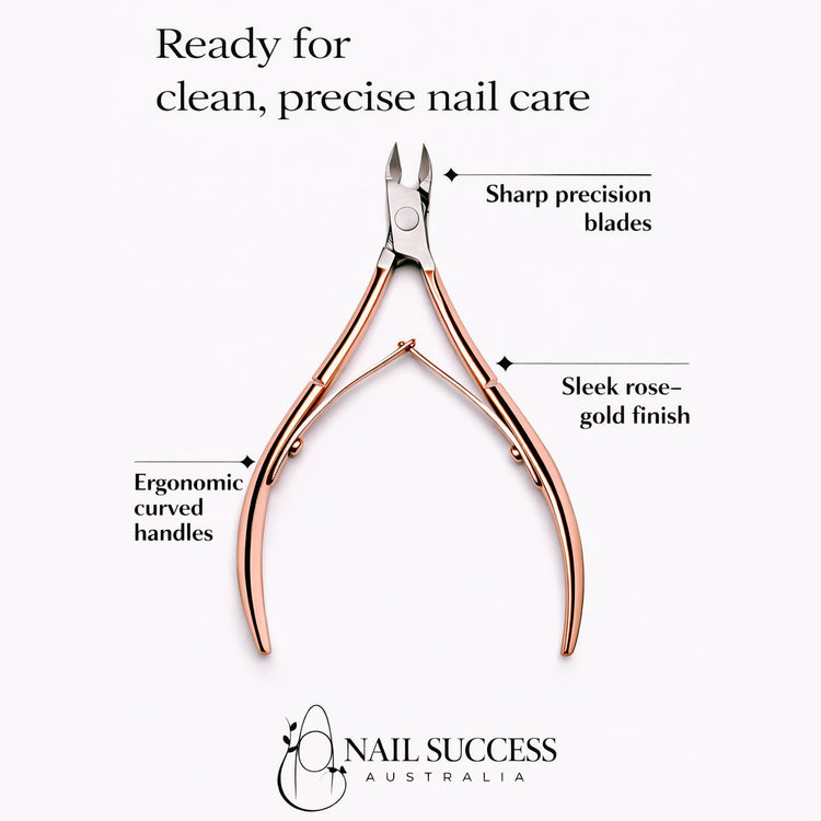 Rose gold cuticle nipper benefits graphic highlighting sharp precision blades, ergonomic curved handles, and sleek rose-gold finish