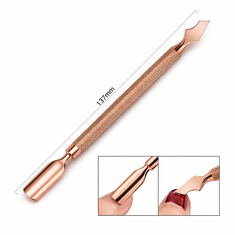 Rose gold double-ended cuticle pusher and angled precision scraper nail tool, 137mm, with textured grip handle and close-up detail