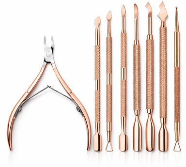 Rose gold stainless steel manicure tool set with cuticle nipper and seven precision cuticle pushers and scrapers