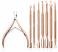 Rose gold stainless steel manicure tool set with cuticle nipper and seven precision cuticle pushers and scrapers