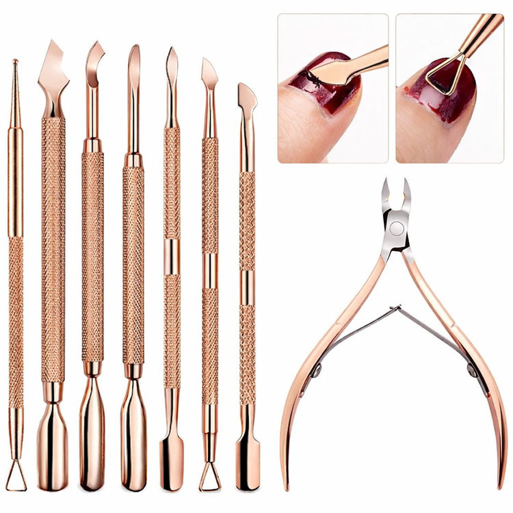 Rose gold cuticle pusher and cuticle nipper manicure tool set