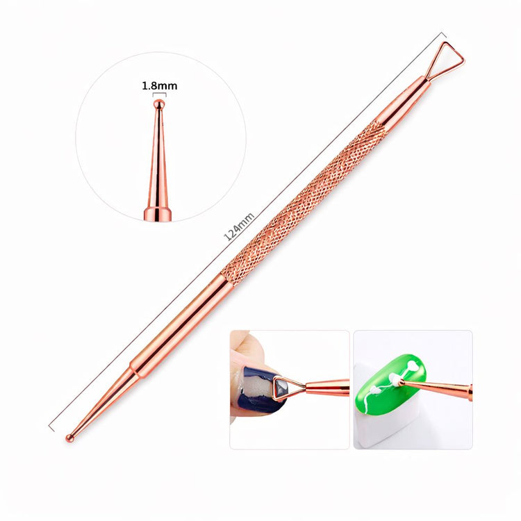 Rose gold double-ended nail art detail tool, 124mm, with 1.8mm ball tip, triangular loop end and textured grip handle