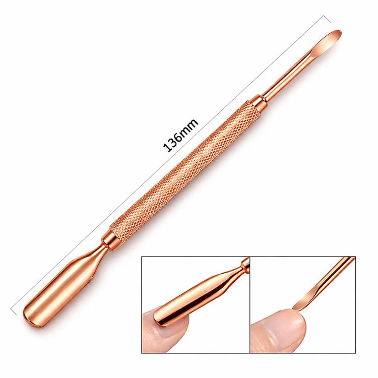 Rose gold double-ended cuticle pusher nail tool, 136mm, with textured grip handle, rounded pusher tip and wide flat scraper end