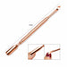 Rose gold cuticle pusher and scraper nail tool, 132mm long, with angled tip and flat scraper end shown with usage close-ups